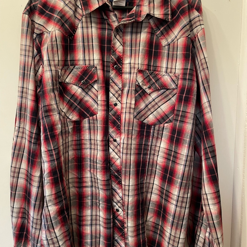 Red and black striped with snaps